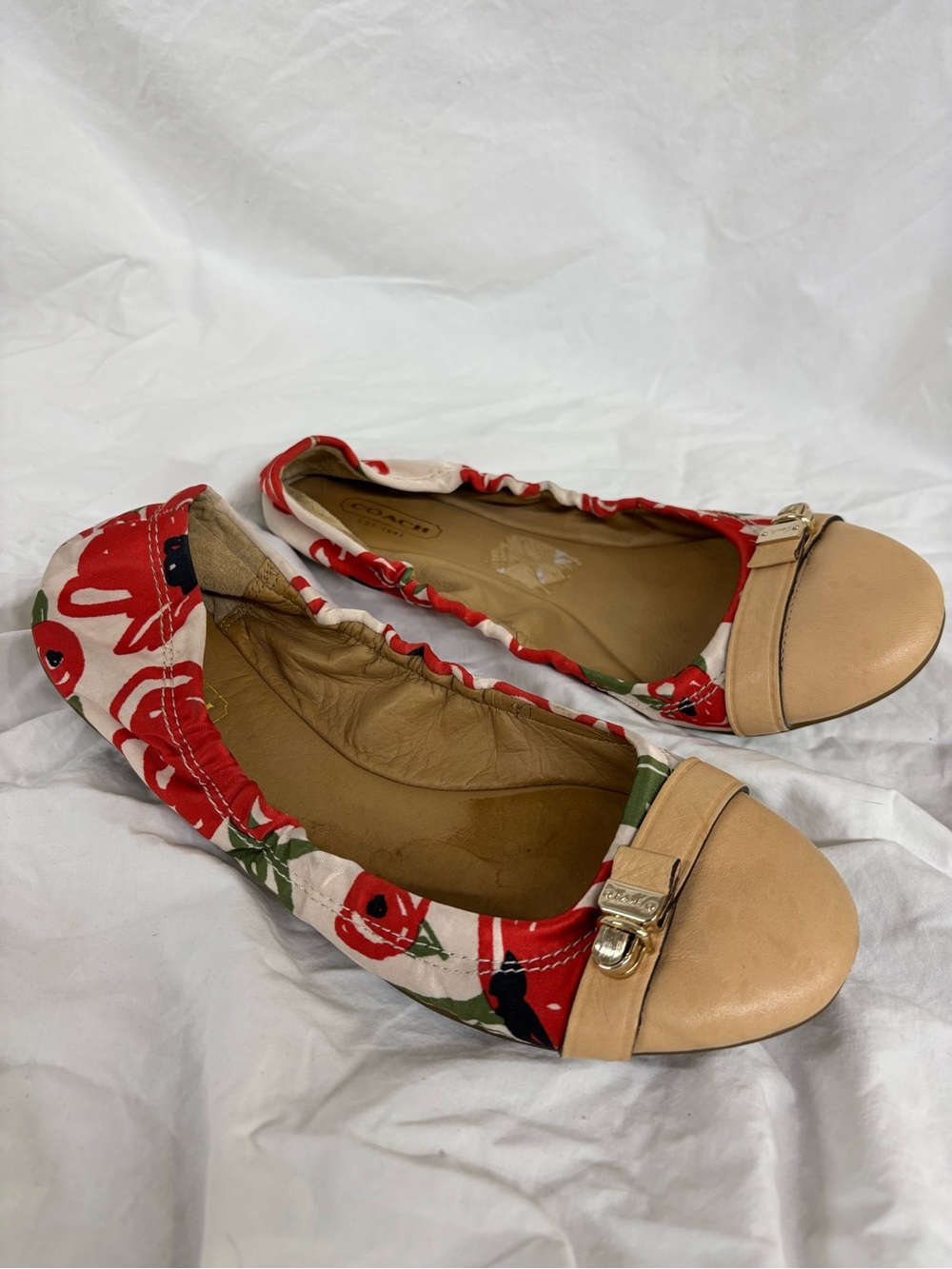 Coach Red Floral and Tan Leather Cap-Toe Ballet Flats | Size 7
